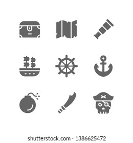 Pirates icon set including treasure chest, map, spyglass, ship, helm, anchor, bomb, sword, skull, jolly roger