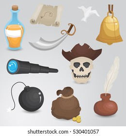 Pirates icon set isolated on neutral background. Vector art.