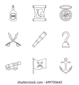 Pirates icon set. Outline set of 9 pirates vector icons for web isolated on white background