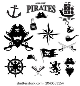 íconos piratas (sable, calavera con bandana y huesos, gancho, sombrero, barco viejo, ancla, barril, ron)