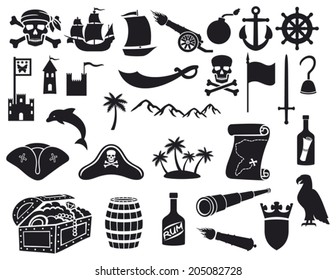 pirates icons set (sabre, skull with bandanna and bones, hook, triangle hat, old ship, spyglass, treasure chest, cannon, anchor, rudder, mountain, map, barrel, rum, island)