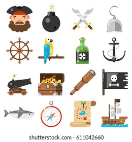 Pirates Icons Vector Set On White Background. Standard Pirate Accessories Treasure Map, Ship, Parrot, Rum, Jolly Rodger, Hook, Etc. Isolated Symbols On The Theme Of Pirates In A Flat Style. 