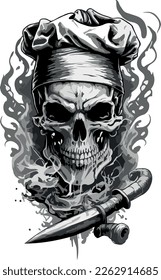 Pirate's Ink: A Neo-Traditional Tattoo-inspired Vector Skull with Dagger and Smoke