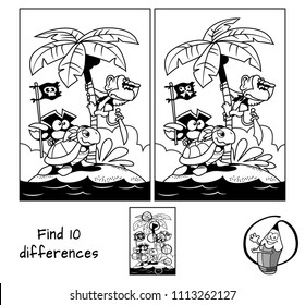 Pirates island. A monkey on a palm tree, a turtle and a funny crab with a pirate flag. Find 10 differences. Educational game for children. Black and white 
cartoon vector illustration