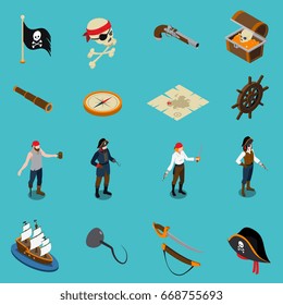Pirata iconos isométricos con binoculares de gancho de mano bandera de arma bandera de enlace tronco rueda de madera aislado en fondo azul ilustración vectorial 