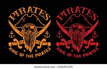 Pirates King Of The Pirates T shirt Design . Skull in pirate bandana with knife in mouth. Print for T-shirt, typography, vintage graphic print for t shirt , fashion, sticker, posters and others. 