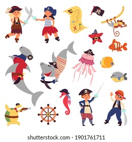 Pirates life. Sea wildlife, ocean plants cartoon shark fish. Children costumes, underwater world marine adventures decent vector characters