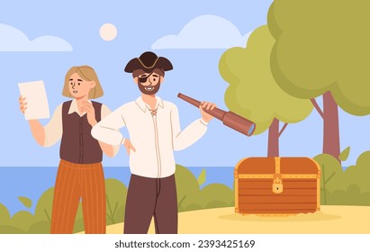 Piraten suchen nach Schatz Konzept. Junge und Mann mit Teleskop und Karte Suche Brust mit goldenen Münzen. Nautisches Abenteuer und Ausflug. Fantasie und Fantasie. Cartoon-Flavektor-Vektorgrafik