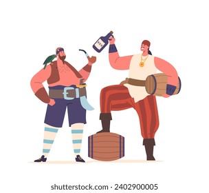 Pirates Male Character Clutching A Rum Barrel, Emanate A Rugged Aura. Wisps Of Smoke Curl From A Pipe, Vector