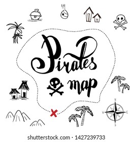 pirates map icon set old ink hand drawn cartoon style , black isolated on white vector illustration . text lettering , rose of wind , scull, chest, palm, mountains, tribes
