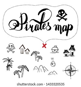 pirates map icon set old ink hand drawn cartoon style , black isolated on white vector illustration . text lettering , rose of wind , scull, chest, palm, mountains, tribes