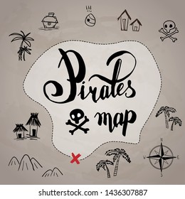 pirates map icon set sea old ink hand drawn cartoon style , black on paper texture vector illustration .  text lettering , rose of wind , scull, chest, palm, mountains, tribes