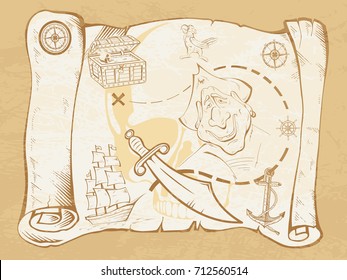 Pirate's map in old style. Stylized pirate treasure map on vintage paper. Hand drawn vector illustration.