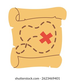 A pirate's map with a red X on it. The map is yellow and has a brown border