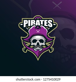 pirates mascot logo design vector with modern illustration concept style for badge, emblem and tshirt printing. skull pirates illustration with a anchor and stick.