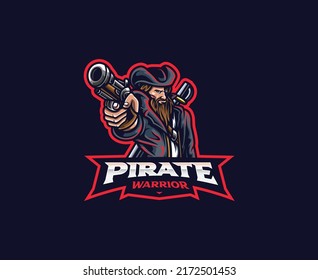 Pirates mascot logo design. Vector illustration captain pirate with gun. Logo illustration for mascot or symbol and identity, emblem sports or e-sports gaming team