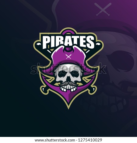 pirates mascot logo design vector with modern illustration concept style for badge, emblem and tshirt printing. skull pirates illustration with a anchor and stick.