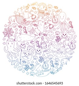Pirates and mermaids. Diving icons. Vector pattern for little children. Birthday party in sea and ocean style