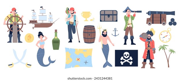 Pirates and mermaids. Sea robbers, ocean mermaid king, rum and pirate ship and flag. Conquerors of the seas, theater actors in costumes, recent vector set