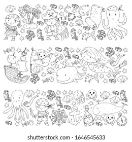 Pirates and mermaids. Vector pattern for little children. Birthday party in sea and ocean style