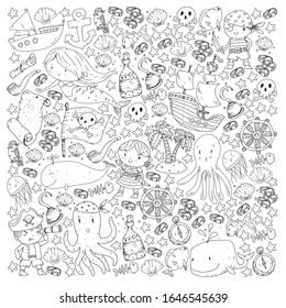 Pirates and mermaids. Vector pattern for little children. Birthday party in sea and ocean style