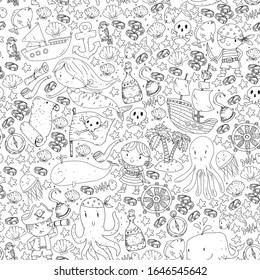 Pirates and mermaids. Vector pattern for little children. Birthday party in sea and ocean style