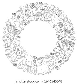 Pirates and mermaids. Vector pattern for little children. Birthday party in sea and ocean style