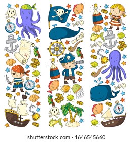 Pirates and mermaids. Vector pattern for little children. Birthday party in sea and ocean style