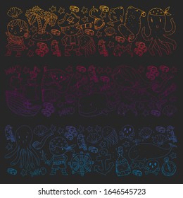 Pirates and mermaids. Vector pattern for little children. Birthday party in sea and ocean style