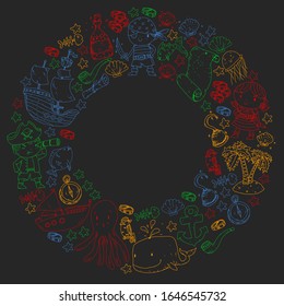 Pirates and mermaids. Vector pattern for little children. Birthday party in sea and ocean style