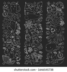 Pirates and mermaids. Vector pattern for little children. Birthday party in sea and ocean style