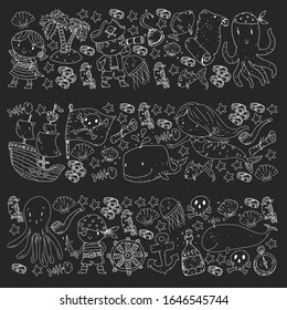 Pirates and mermaids. Vector pattern for little children. Birthday party in sea and ocean style
