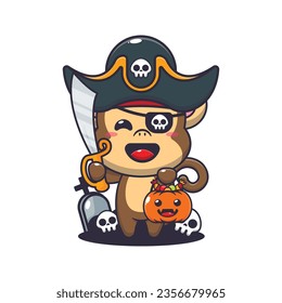 Pirates monkey in halloween day. Cute halloween cartoon illustration.