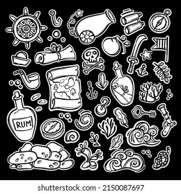PIRATES OBJETO MONOCROMO Tema Náutico Monocromo Mano Dibujo Caricatura Pegatina Viaje Etiqueta Vector Mar Ilustración Set Para Máquinas De Impresión Y Corte