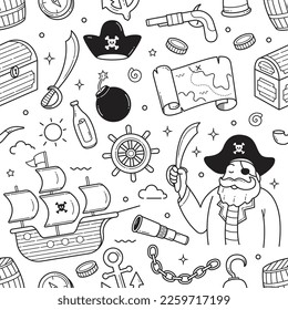 Pirates objects doodle seamless pattern wallpaper background