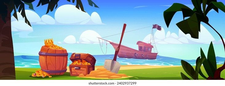 Pirates on black flagged ship came ashore to hide and bury treasure. Cartoon barrel and chest with gold coins and diamond jewelry and shovel on beach of sea or ocean in which corsair boat floating.