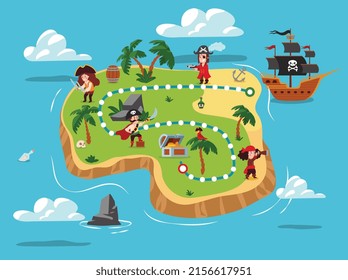 Pirates on the island, pirate ship, vector flat illustration. Background, landscape for the pirate adventure game. An island with a palm tree, treasures, a skull