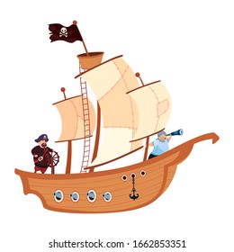 Pirates on wooden ship under sails isolated on white. Buccaneer boat. Filibuster corsair male characters. Vector cartoon illustration