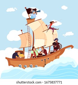 Pirates on wooden ship under white sails in sea. Buccaneer boat. Filibuster corsair male and female characters with saber, sword, chest full of gold, treasures. Vector cartoon illustration svg