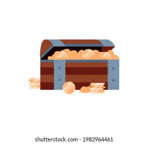 Pirates open treasure chest full of gold, flat vector illustration isolated on white background. Ancient wooden chest with money, treasure box game asset.