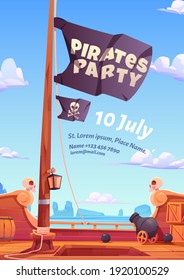 Pirates party flyer, invitation for adventure game or event. Vector poster with cartoon illustration of sea, pirate ship wooden deck with cannon and black flag with skull