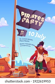 Pirates party flyer, invitation for adventure game or event. Vector poster with cartoon illustration of sea, pirate ship wooden deck with cannon and black flag with skull