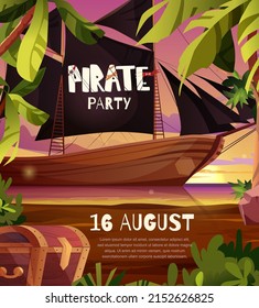 Pirates party invitation poster. Sailing pirate ship with black flags in the sea. Wooden sailboat on water. 
