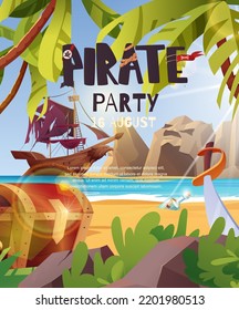 Pirates party invitation poster. Sailing pirate ship with black flags in the sea. Wooden sailboat on water. 