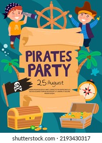 Pirates party kids adventure cartoon posters with treasure chest with gold on secret island, invitation to children event, vector vertical flyers set.