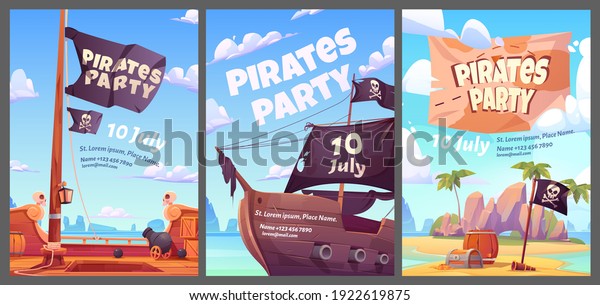 Pirates party kids adventure cartoon posters with\
treasure chest with gold on secret island, filibuster ship with\
jolly roger flag and cannon, invitation to children event, vector\
vertical flyers set