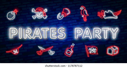 Pirates party Neon Text Vector. Pitate neon icon, design template, modern trend design, night neon signboardVintage pirate emblem glowing neon