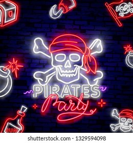 Pirates party Neon Text Vector. Pitate neon icon, design template, modern trend design, night neon signboardVintage pirate emblem glowing neon