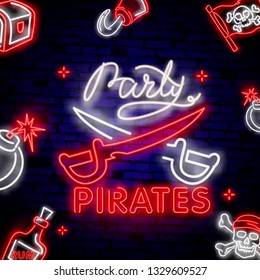 Pirates party Neon Text Vector. Pitate neon icon, design template, modern trend design, night neon signboardVintage pirate emblem glowing neon