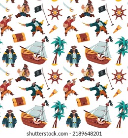 Pirates pattern. Cartoon seamless print of sailors and bandits in pirate costumes with weapon treasure chest and spyglass. Vector texture kids illustration characters of pirate pattern marine